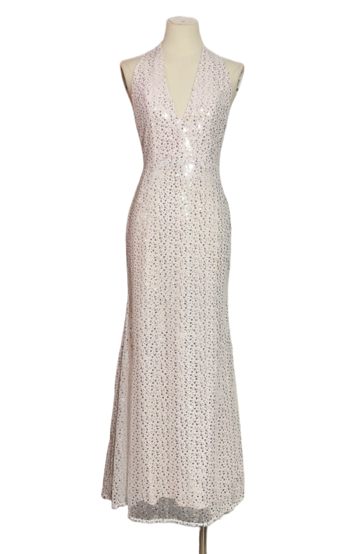 Halterneck večernja haljina s sequin detaljem, A-linijska duga haljina, visok pojas, poliester, zatvarač