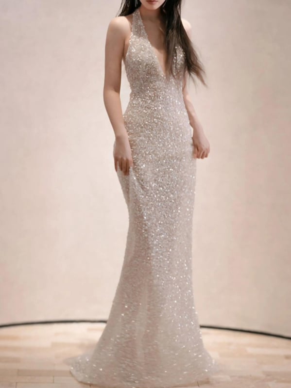 Halterneck večernja haljina s sequin detaljem, A-linijska duga haljina, visok pojas, poliester, zatvarač