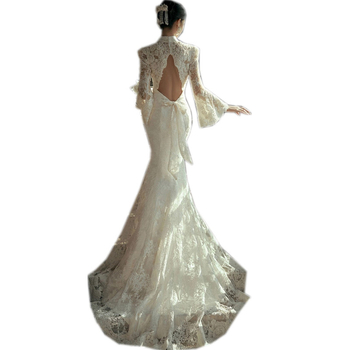 Vjenčana haljina s fishtail siluetom, srednji struk, dugi rukavi, mrežasti materijal, poliesterska mješavina