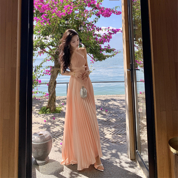 Halter haljina za odmor i zabavu, jednobojna poliester haljina srednje dužine, plisirana, visokim strukom, bez rukava