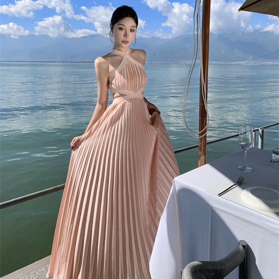 Halter haljina za odmor i zabavu, jednobojna poliester haljina srednje dužine, plisirana, visokim strukom, bez rukava