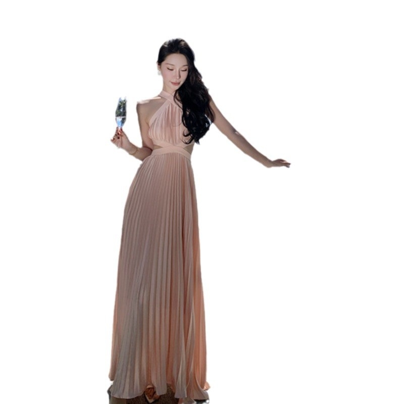 Halter haljina za odmor i zabavu, jednobojna poliester haljina srednje dužine, plisirana, visokim strukom, bez rukava