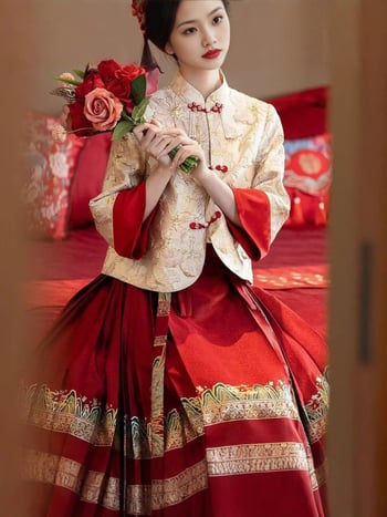 Sieviešu ķīniešu stila blūza ar izšuvumu Horse-Face un izšūta svārku komplekts, Xiuhe kāzu/pierādījuma apģērbs, četras sezonas, taisnas piedurknes, bez apkakles etiķetes, Han dinastijas izšuvums