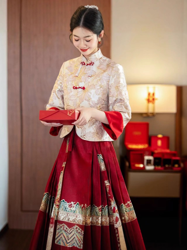 Sieviešu ķīniešu stila blūza ar izšuvumu Horse-Face un izšūta svārku komplekts, Xiuhe kāzu/pierādījuma apģērbs, četras sezonas, taisnas piedurknes, bez apkakles etiķetes, Han dinastijas izšuvums