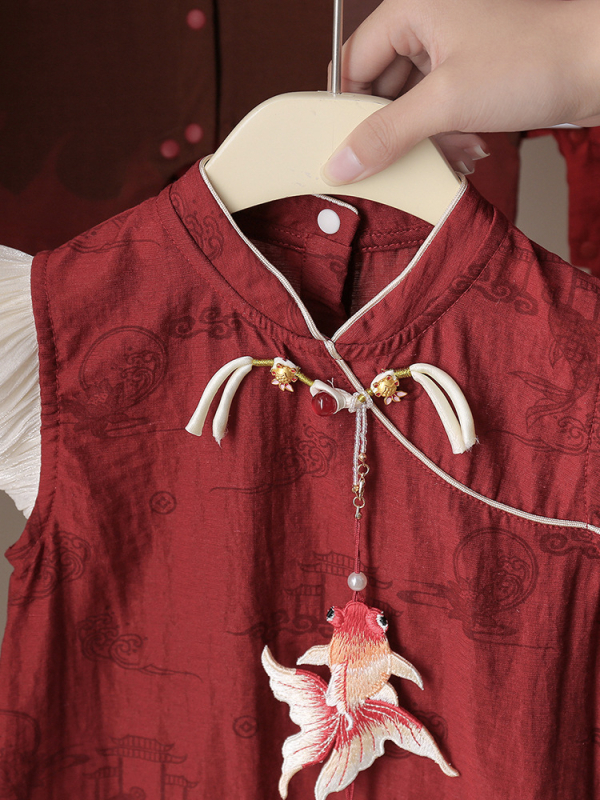 Kínai stílusú ujjatlan kislány ruhája – hercegnő szabású, puha viszkóz keverék, 1–3 éveseknek, nyár 2025