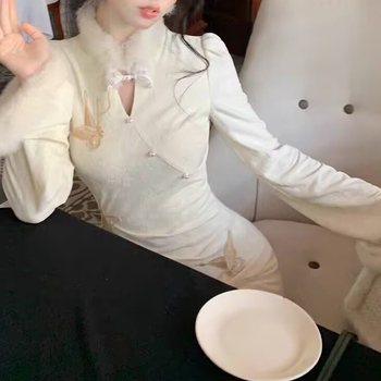 Duga haljina s floralnim uzorkom, patchwork stil, kineski stil, stojeći ovratnik, dugi rukavi