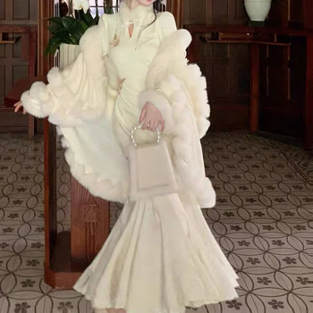 Duga haljina s floralnim uzorkom, patchwork stil, kineski stil, stojeći ovratnik, dugi rukavi