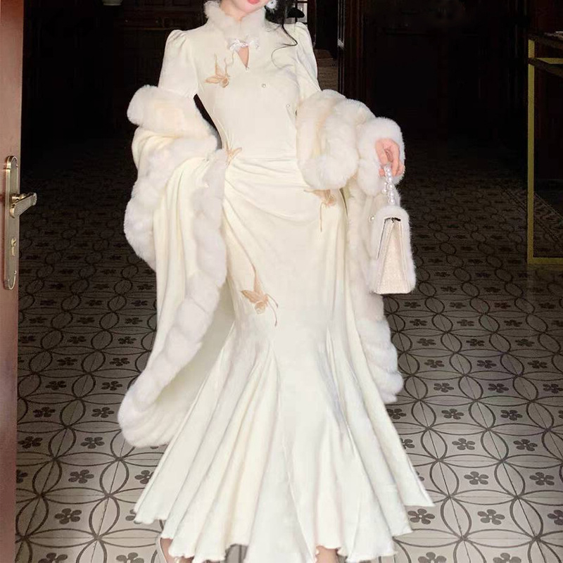 Duga haljina s floralnim uzorkom, patchwork stil, kineski stil, stojeći ovratnik, dugi rukavi