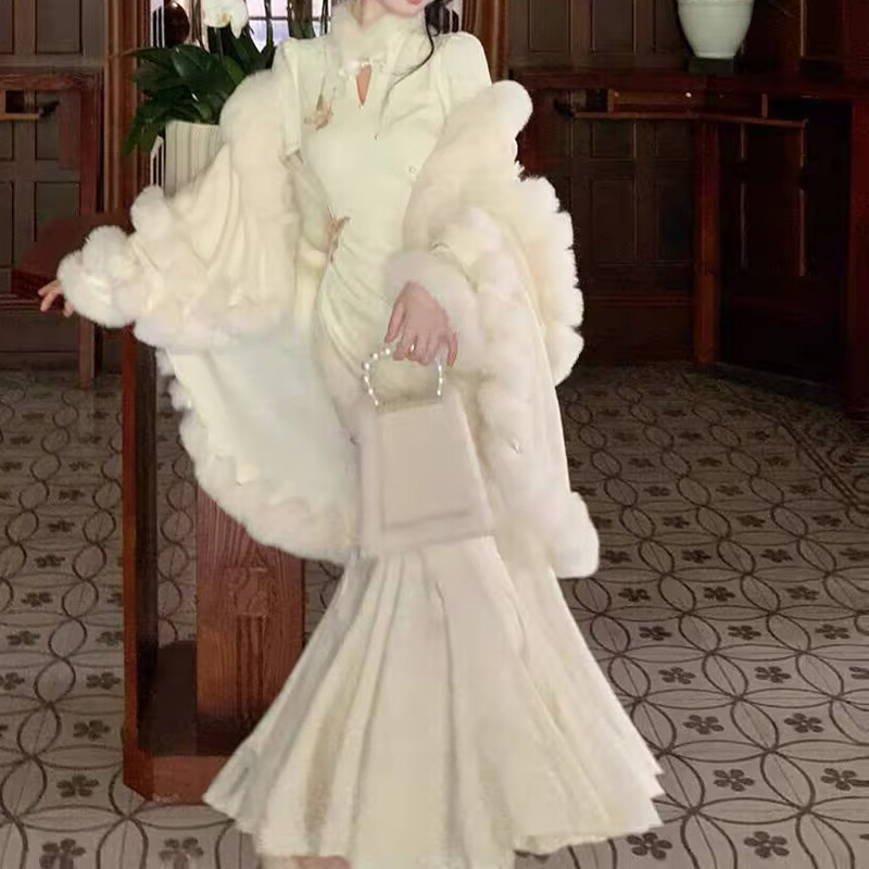 Duga haljina s floralnim uzorkom, patchwork stil, kineski stil, stojeći ovratnik, dugi rukavi