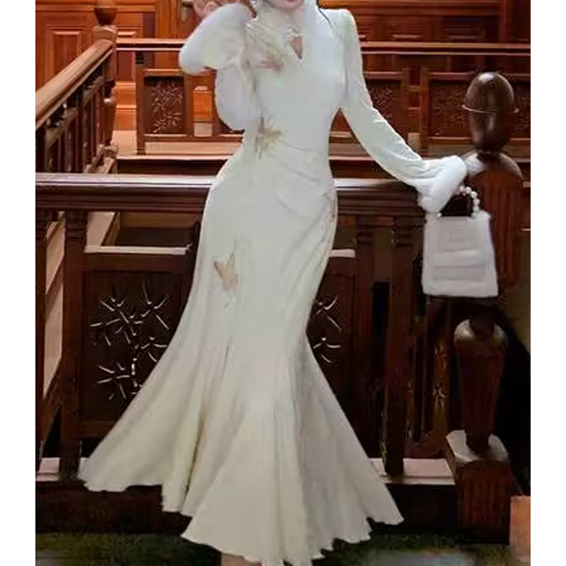 Duga haljina s floralnim uzorkom, patchwork stil, kineski stil, stojeći ovratnik, dugi rukavi