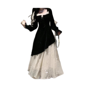 Haljina - Čipkasti materijal, V-izrez, Dugi rukavi, Visoki struk, A-linijski kroj