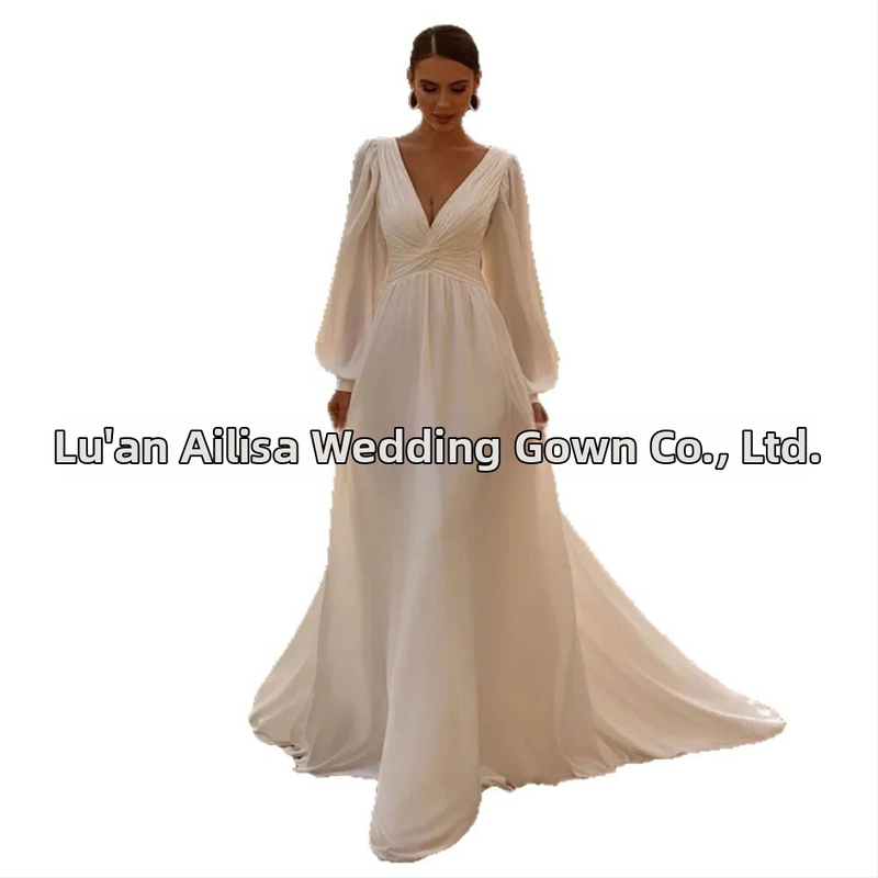 Polyesterové večerné šaty s hlbokým V výstrihom, dlhými rukávmi, vysokým pásom, krátka vlečka