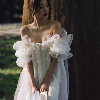 Vjenčana haljina A-linije, izrez Tube Top, rukavi 3/4, visok struk, duljina suknje (A-linija; Tube Top izrez; 3/4 rukavi; visok struk; duljina suknje)