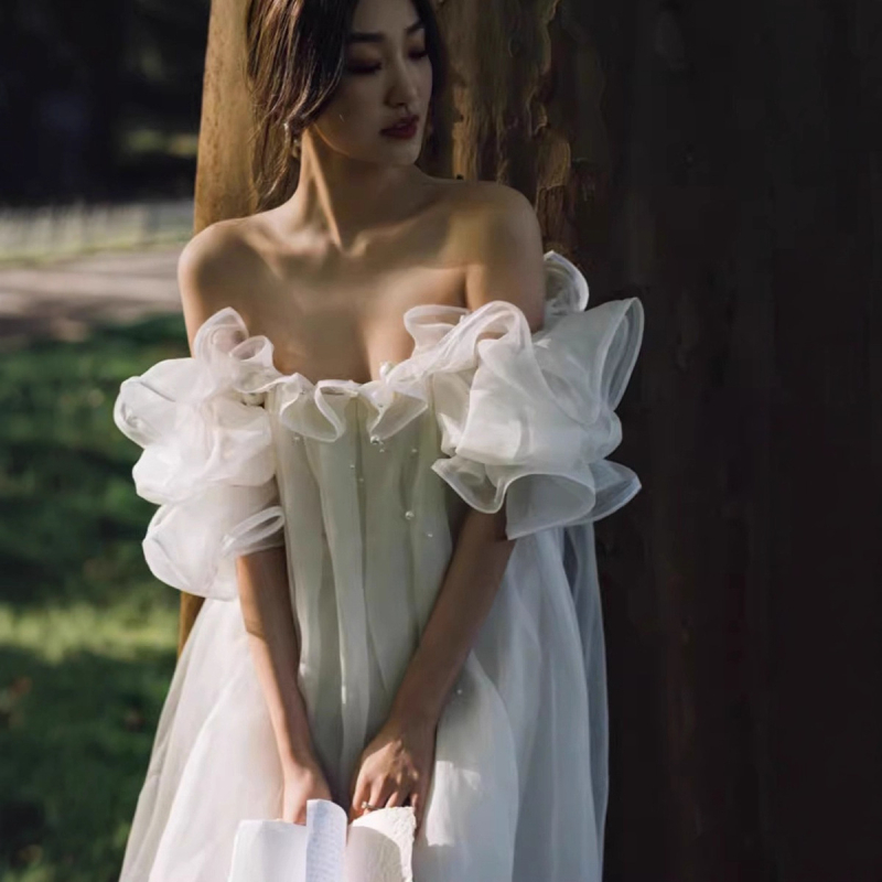 Vjenčana haljina A-linije, izrez Tube Top, rukavi 3/4, visok struk, duljina suknje (A-linija; Tube Top izrez; 3/4 rukavi; visok struk; duljina suknje)