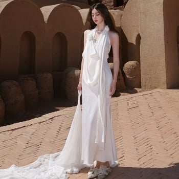 Saten haljina s halter izrezom, duga, A-line, bez rukava, visokim strukom, jednobojni uzorak