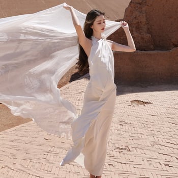 Saten haljina s halter izrezom, duga, A-line, bez rukava, visokim strukom, jednobojni uzorak