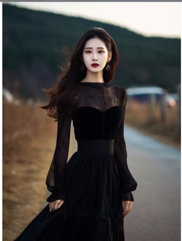 Ženska duga sametna haljina s visokim strukom, okruglim izrezom, dugim rukavima i pahuljastom suknjom