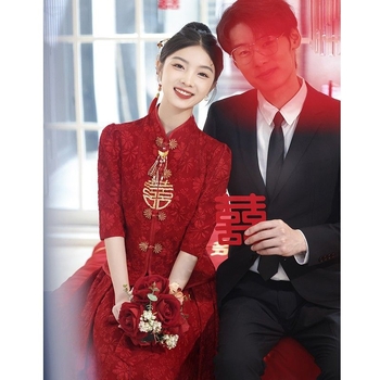 Rochie de mireasă inspirată din stilul chinezesc, cu un umăr, croială A-line, lungime medie, fără mâneci, material chenille-spandex