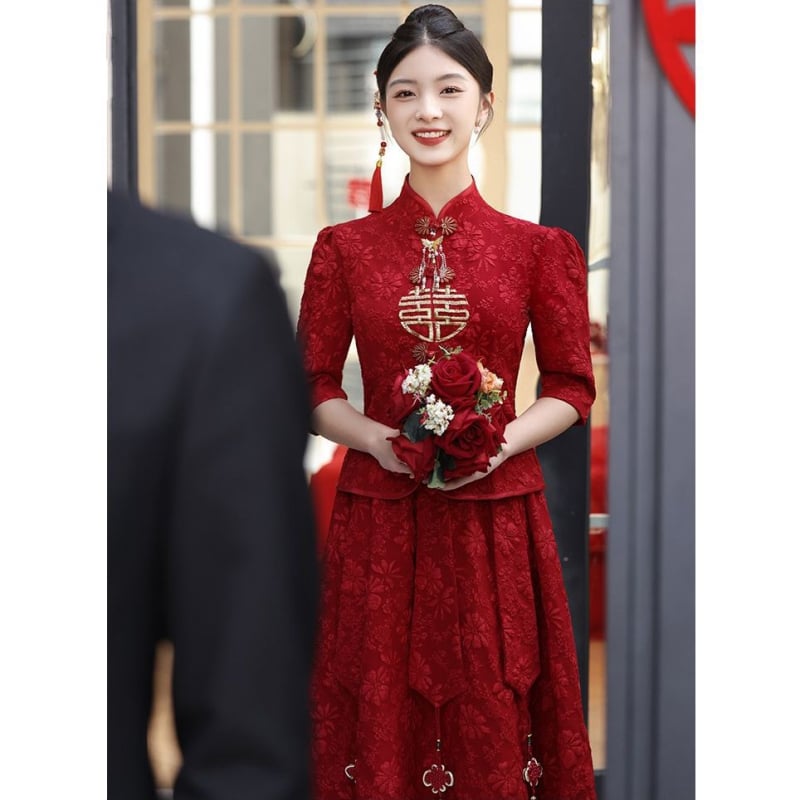 Rochie de mireasă inspirată din stilul chinezesc, cu un umăr, croială A-line, lungime medie, fără mâneci, material chenille-spandex