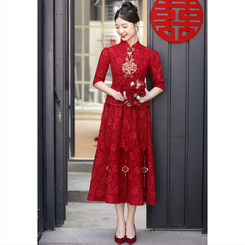 Rochie de mireasă inspirată din stilul chinezesc, cu un umăr, croială A-line, lungime medie, fără mâneci, material chenille-spandex