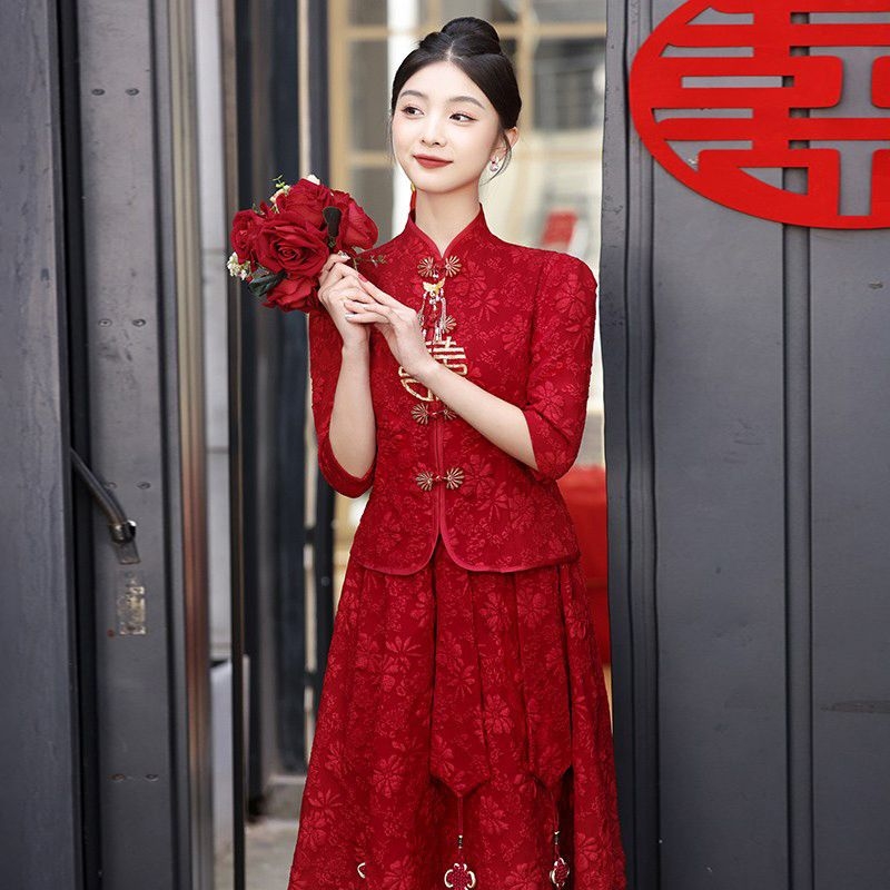 Rochie de mireasă inspirată din stilul chinezesc, cu un umăr, croială A-line, lungime medie, fără mâneci, material chenille-spandex