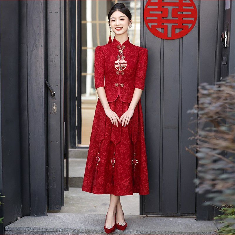 Rochie de mireasă inspirată din stilul chinezesc, cu un umăr, croială A-line, lungime medie, fără mâneci, material chenille-spandex