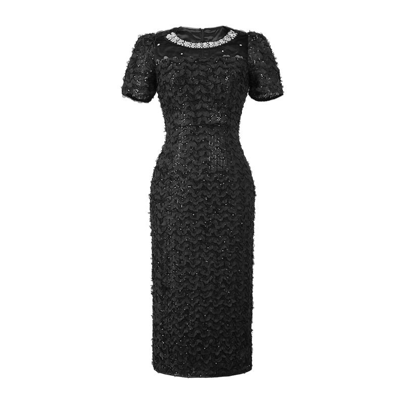 Elegantna večernja haljina s mrežastim umetkom, okrugli izrez, visok struk, duga suknja, poliester tkanina