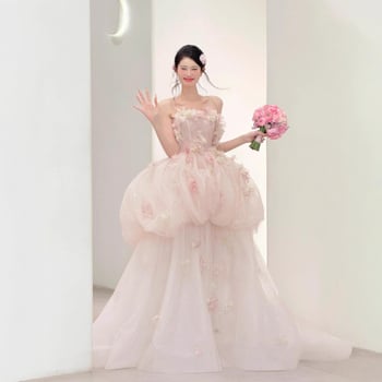 Francuski stil lagane vjenčane haljine s jednim ramenom, puderski tila, bez rukava, duga suknja s dugačkim šlepom, poliester smjesa, ljeto 2025