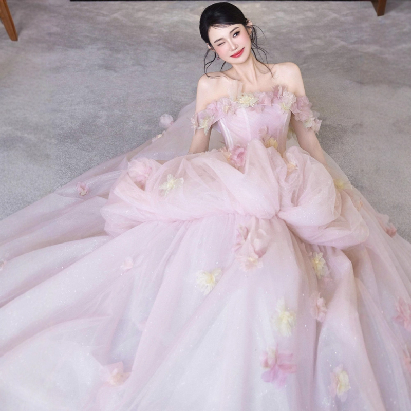 Francuski stil lagane vjenčane haljine s jednim ramenom, puderski tila, bez rukava, duga suknja s dugačkim šlepom, poliester smjesa, ljeto 2025