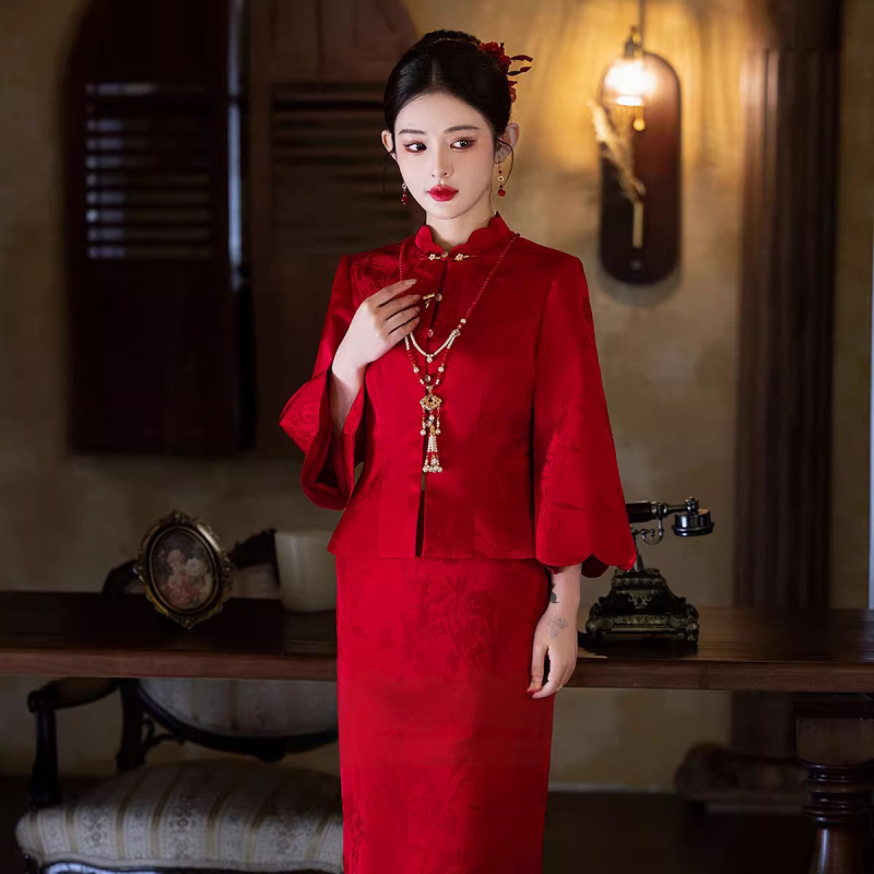 Dvostruki kineski Cheongsam set za vjenčanje – poliester, stojeći ovratnik, dugi rukavi, duga suknja, jesen 2025