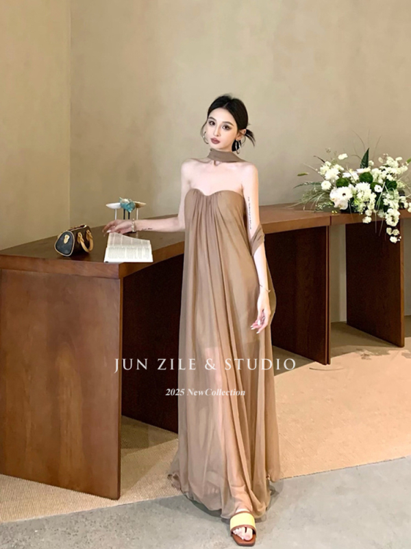 Rochie lungă fără bretele pentru vacanță, cu suprapunere din plasă și siluetă tub-top, 90–95% poliester