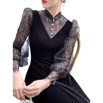 Haljina od mrežaste tkanine, A-linijski kroj, visokim strukom, 3/4 rukavi, midi duljine