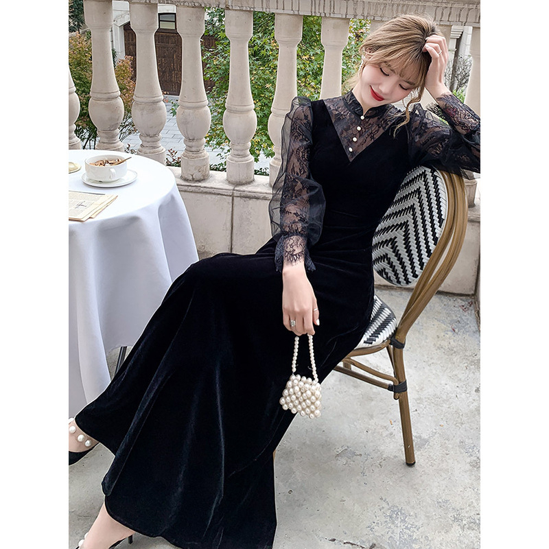 Haljina od mrežaste tkanine, A-linijski kroj, visokim strukom, 3/4 rukavi, midi duljine