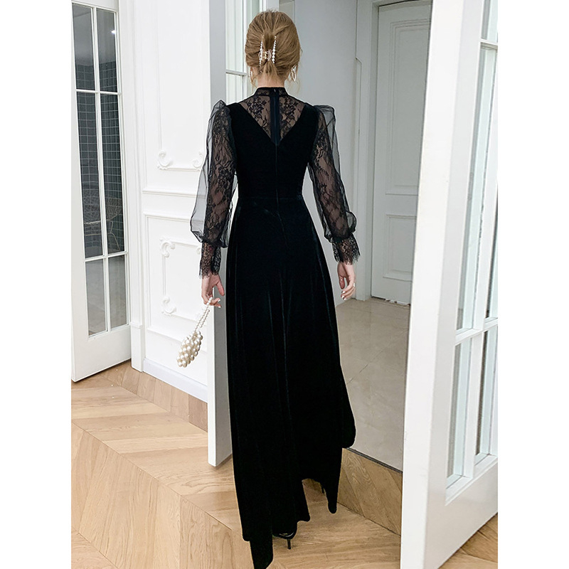 Haljina od mrežaste tkanine, A-linijski kroj, visokim strukom, 3/4 rukavi, midi duljine