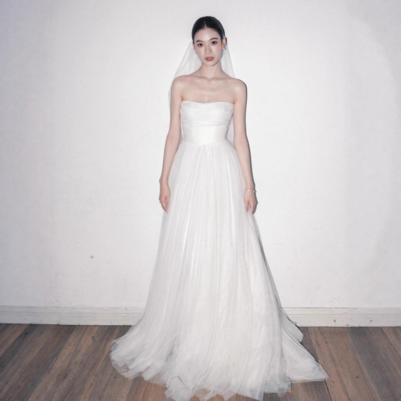 Forest-Style Vjenčana haljina A-linije, bez naramenica, s dugim šlepom, poliester