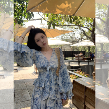 Chiffon dvodijelni set haljine s dugim rukavima, V-izrez, rukavi u stilu princeze, dugački kroj, jednobojni uzorak, detalji kolaza