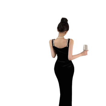 Haljina u Hepburn stilu s trakama, bez rukava, uski kroj, visok struk, srednja duljina, četvrtasti izrez