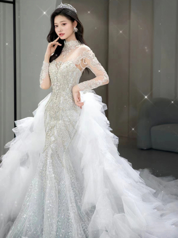 Čipkasta vjenčana haljina s ribljim repom - visokim strukom, A-linija, 3/4 rukav