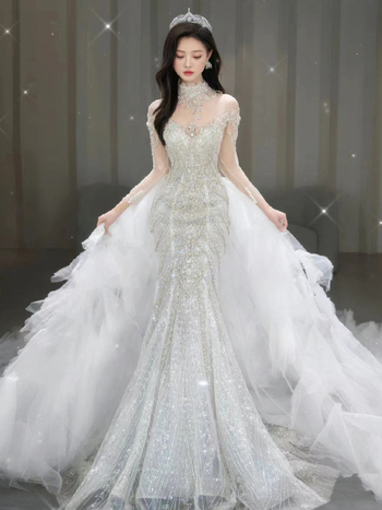 Čipkasta vjenčana haljina s ribljim repom - visokim strukom, A-linija, 3/4 rukav