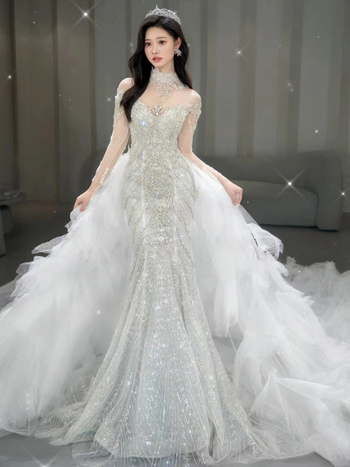 Čipkasta vjenčana haljina s ribljim repom - visokim strukom, A-linija, 3/4 rukav