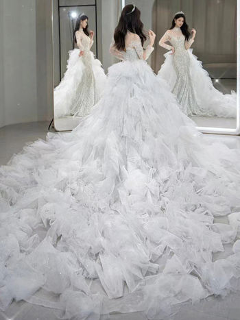 Čipkasta vjenčana haljina s ribljim repom - visokim strukom, A-linija, 3/4 rukav