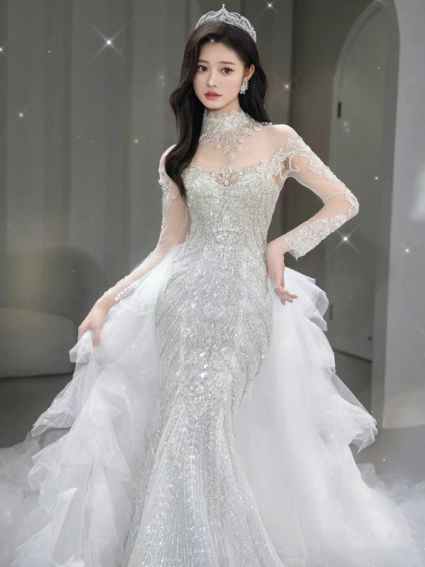 Čipkasta vjenčana haljina s ribljim repom - visokim strukom, A-linija, 3/4 rukav