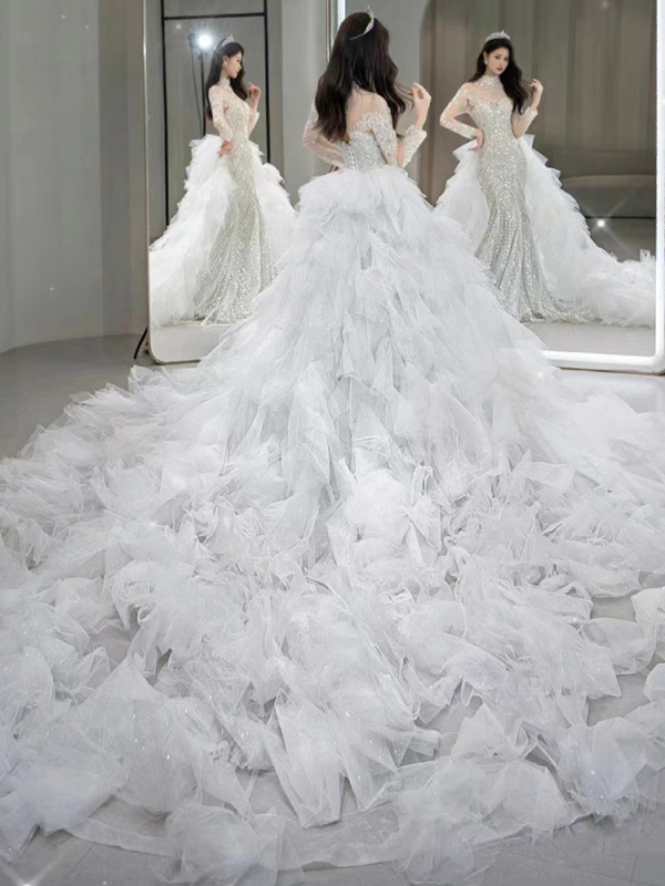 Čipkasta vjenčana haljina s ribljim repom - visokim strukom, A-linija, 3/4 rukav