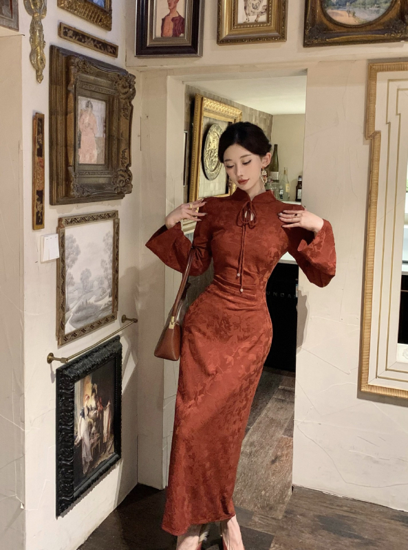 Φόρεμα με κινεζικό ρετρό στυλ και κουκούλα, foráки Cheongsam, μακριά μανίκια, μήκος midi, διάτρητο ύφασμα