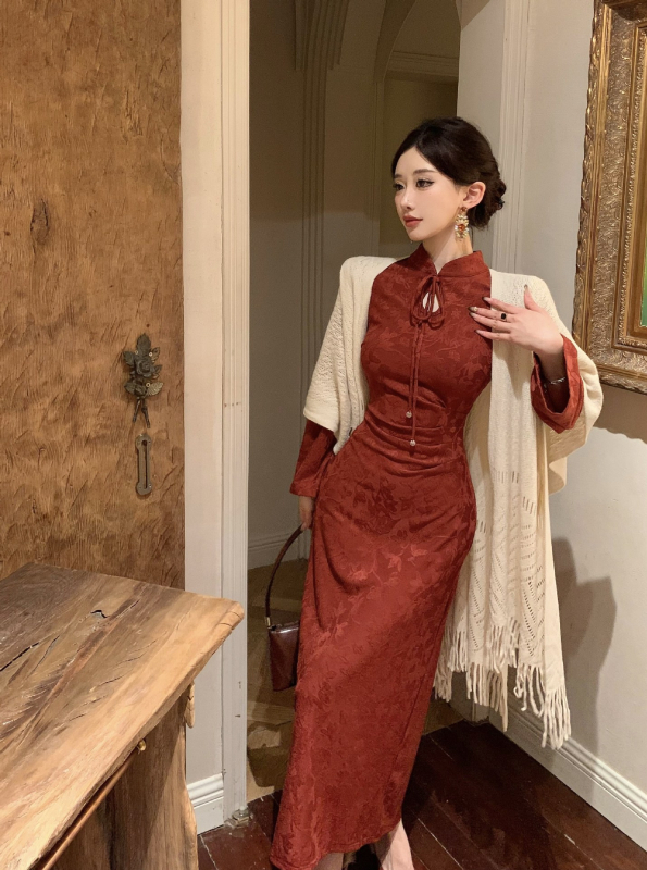 Φόρεμα με κινεζικό ρετρό στυλ και κουκούλα, foráки Cheongsam, μακριά μανίκια, μήκος midi, διάτρητο ύφασμα