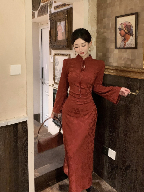 Φόρεμα με κινεζικό ρετρό στυλ και κουκούλα, foráки Cheongsam, μακριά μανίκια, μήκος midi, διάτρητο ύφασμα