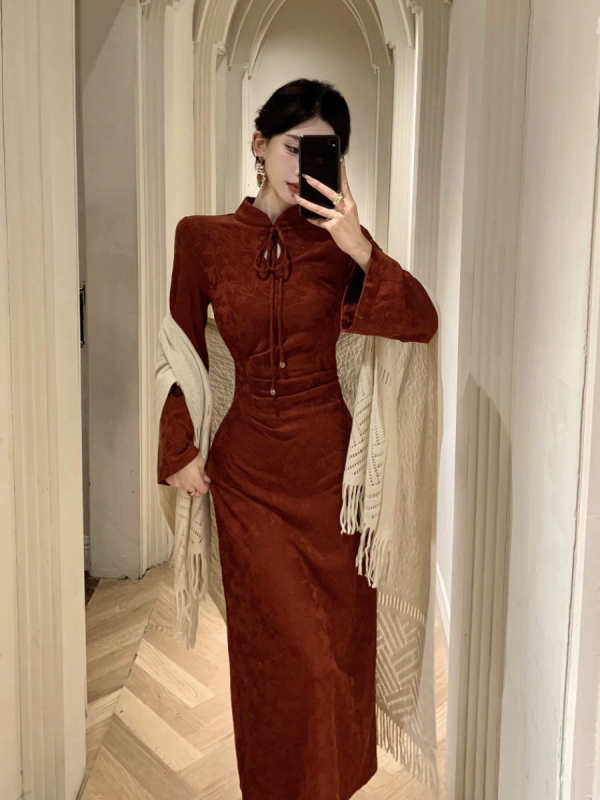 Φόρεμα με κινεζικό ρετρό στυλ και κουκούλα, foráки Cheongsam, μακριά μανίκια, μήκος midi, διάτρητο ύφασμα