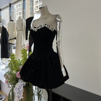 Baršunasta haljina bez rukava s visokim strukom, silueta tube-top, dijamantni ukrasi.