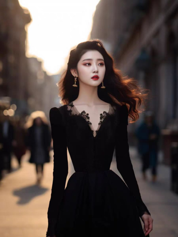 Elegantna duga haljina od baršuna, A‑linija, V izrez, visokim strukom, zatvarač