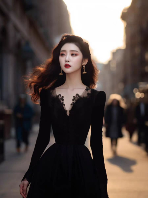 Elegantna duga haljina od baršuna, A‑linija, V izrez, visokim strukom, zatvarač